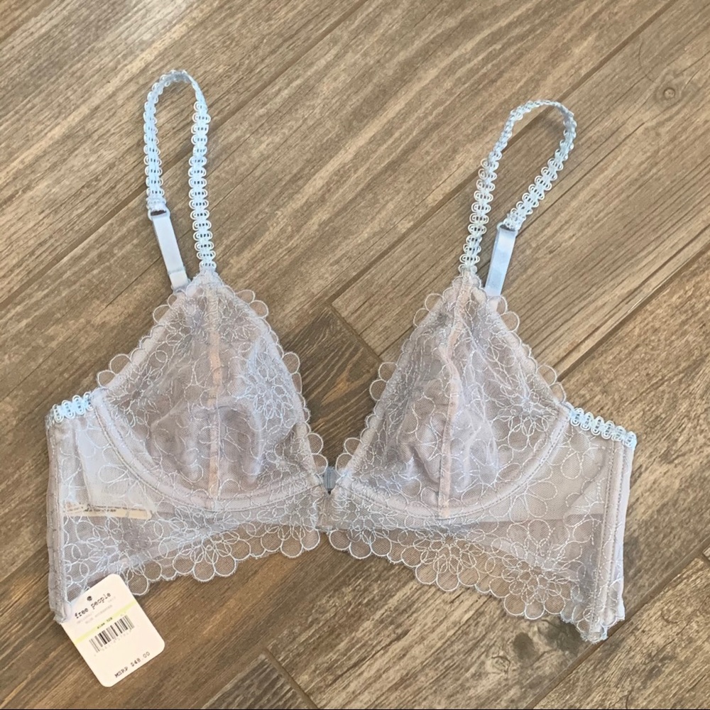 36B NWT $48 Free People Lucia Underwire Bra Blue Longline Lace Semi Sheer - Picture 7 of 11
